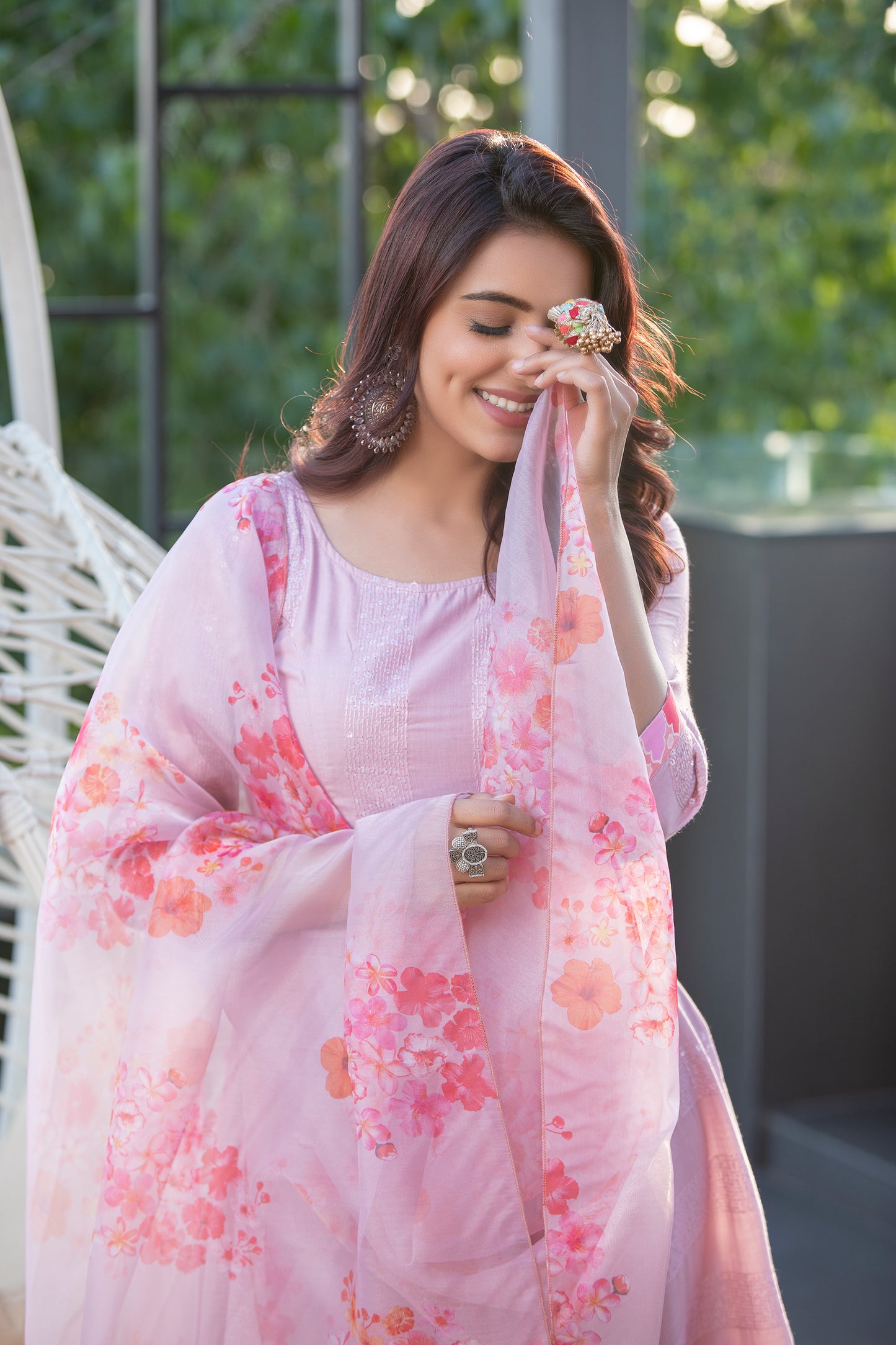Rose Sequence Embroidered Kurta Set with Organza Dupatta