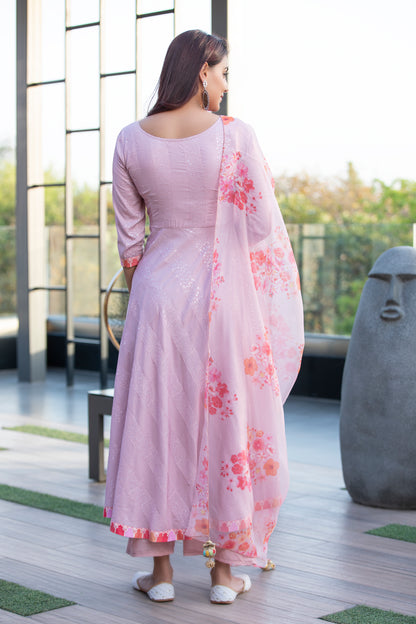 Rose Sequence Embroidered Kurta Set with Organza Dupatta
