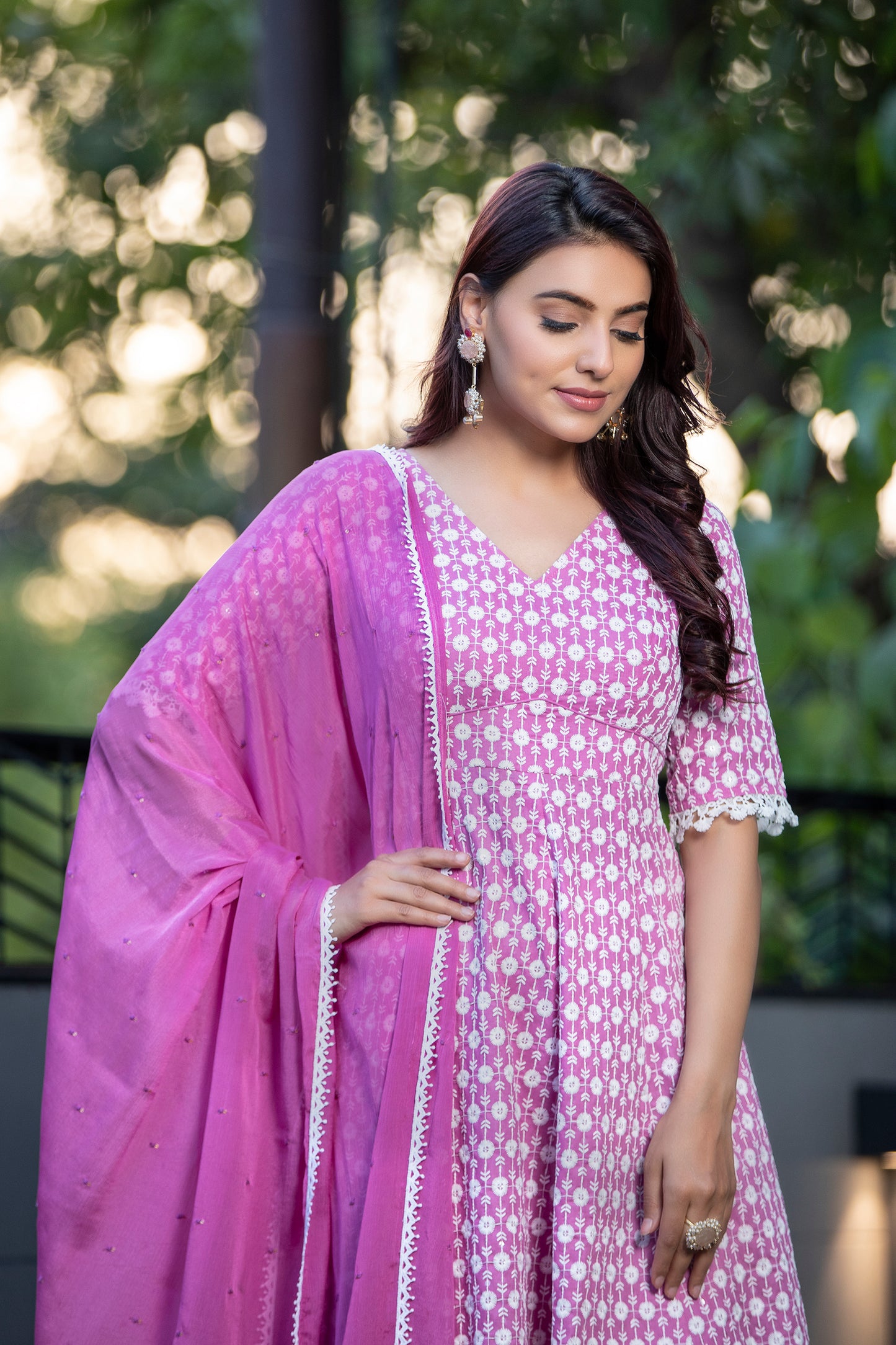 Fuscia Chikankari Anarkali Kurta Set With Dupatta