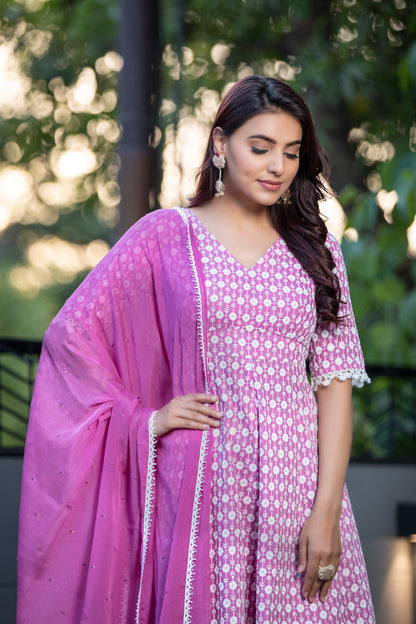Fuscia Chikankari Anarkali Kurta Set With Dupatta