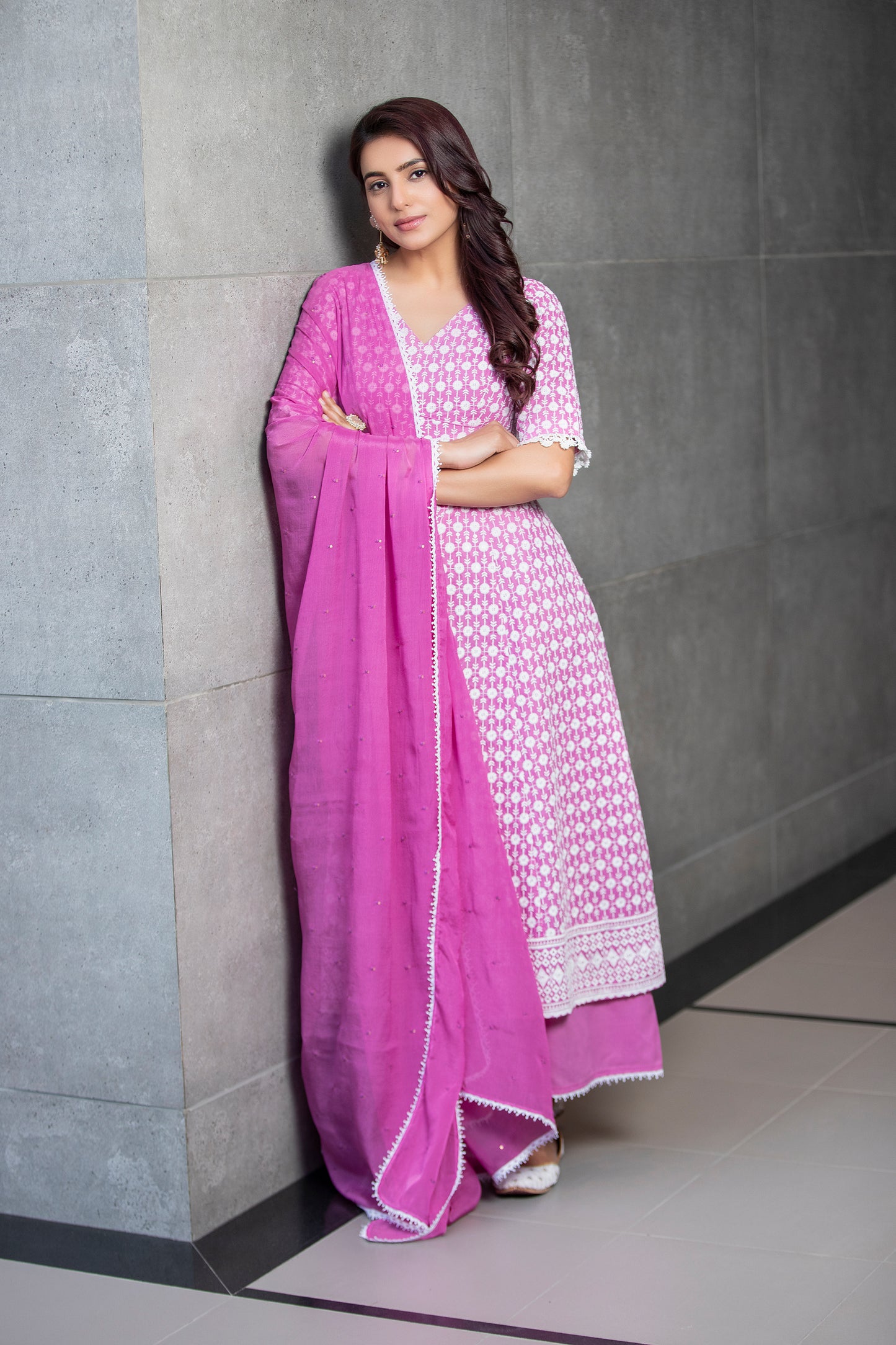 Fuscia Chikankari Anarkali Kurta Set With Dupatta