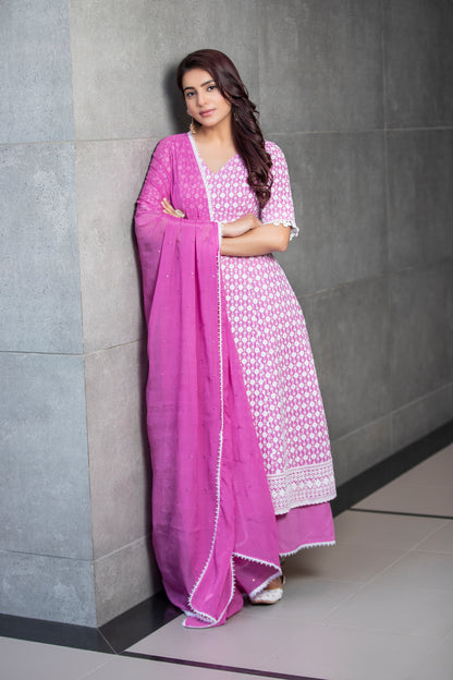 Fuscia Chikankari Anarkali Kurta Set With Dupatta