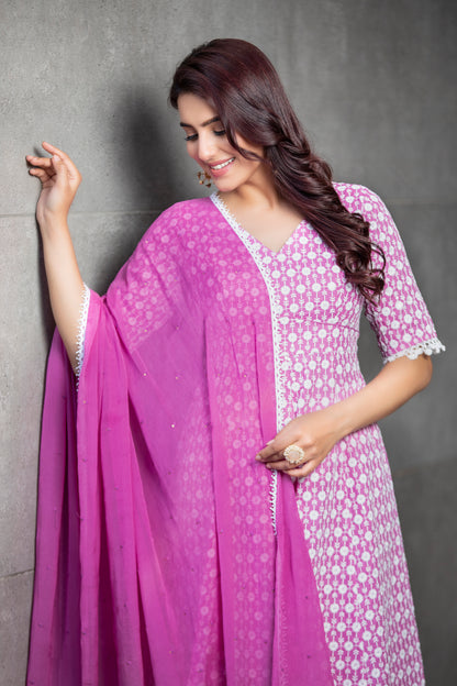 Fuscia Chikankari Anarkali Kurta Set With Dupatta