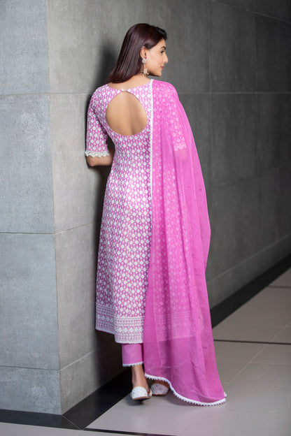 Fuscia Chikankari Anarkali Kurta Set With Dupatta