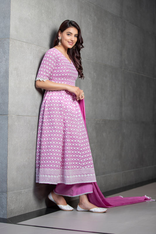 Fuscia Chikankari Anarkali Kurta Set With Dupatta