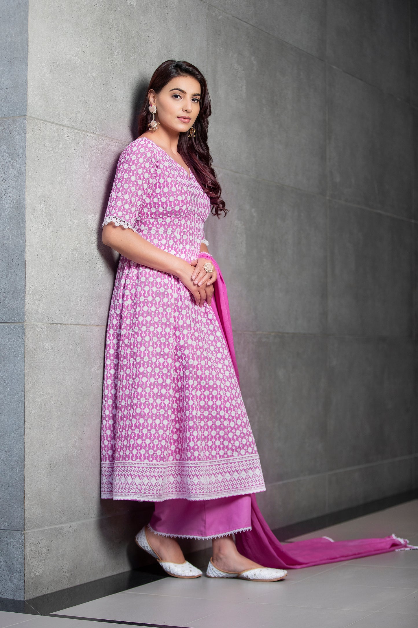 Fuscia Chikankari Anarkali Kurta Set With Dupatta