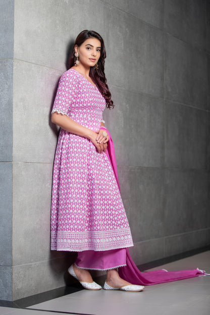 Fuscia Chikankari Anarkali Kurta Set With Dupatta