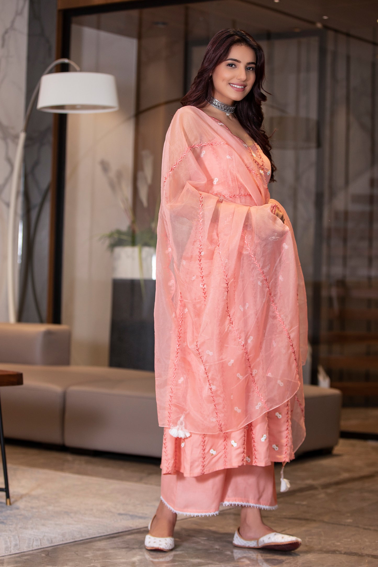 Peach Halter Embroidered Kurta Set with Organza Embroidered Dupatta