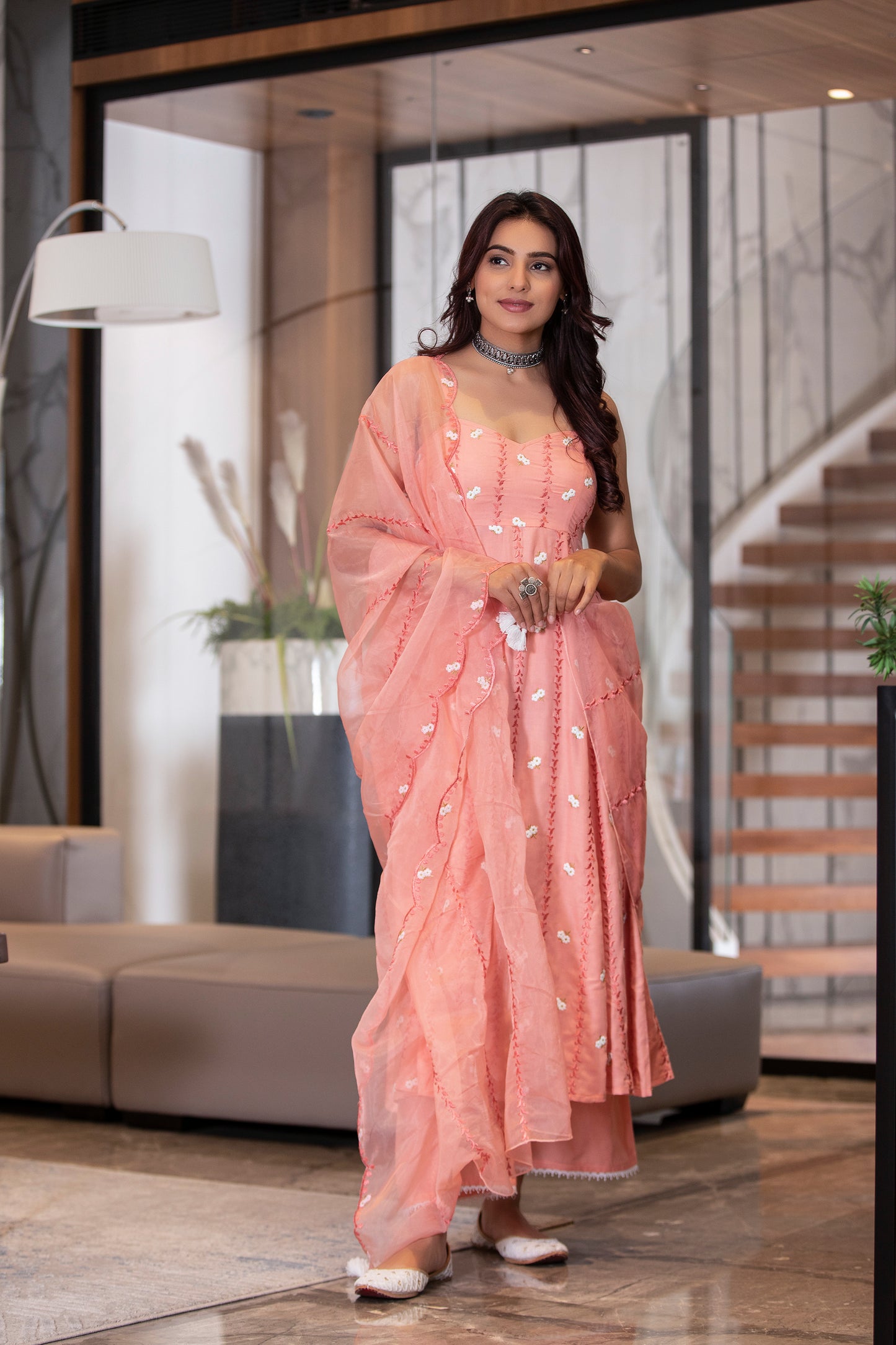 Peach Halter Embroidered Kurta Set with Organza Embroidered Dupatta