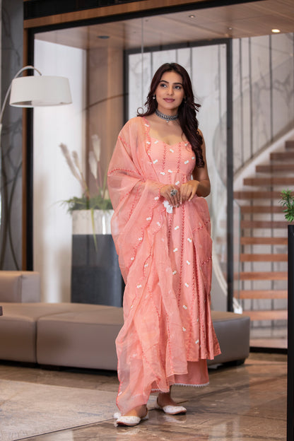 Peach Halter Embroidered Kurta Set with Organza Embroidered Dupatta