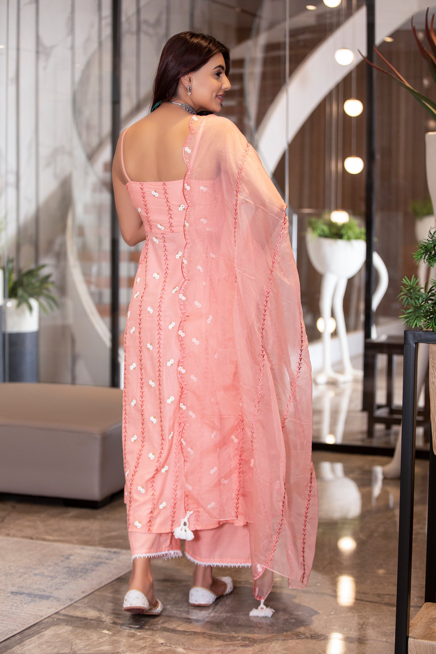 Peach Halter Embroidered Kurta Set with Organza Embroidered Dupatta