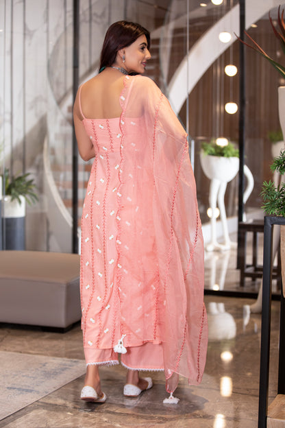 Peach Halter Embroidered Kurta Set with Organza Embroidered Dupatta