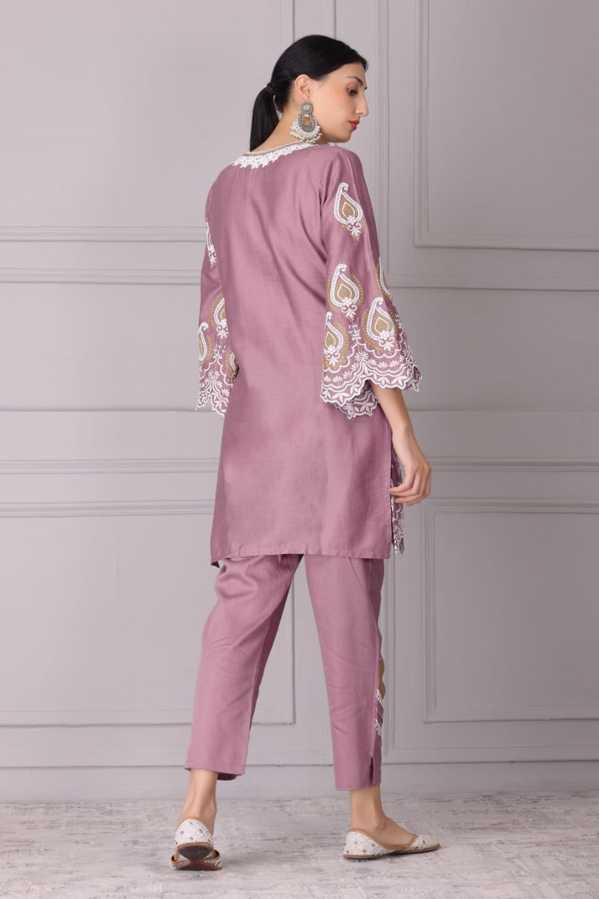 Raisin Pink and White Embroidered Kurta Set