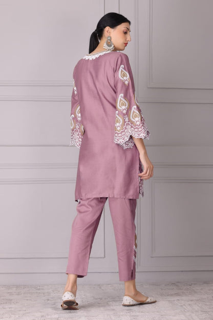 Raisin Pink and White Embroidered Kurta Set