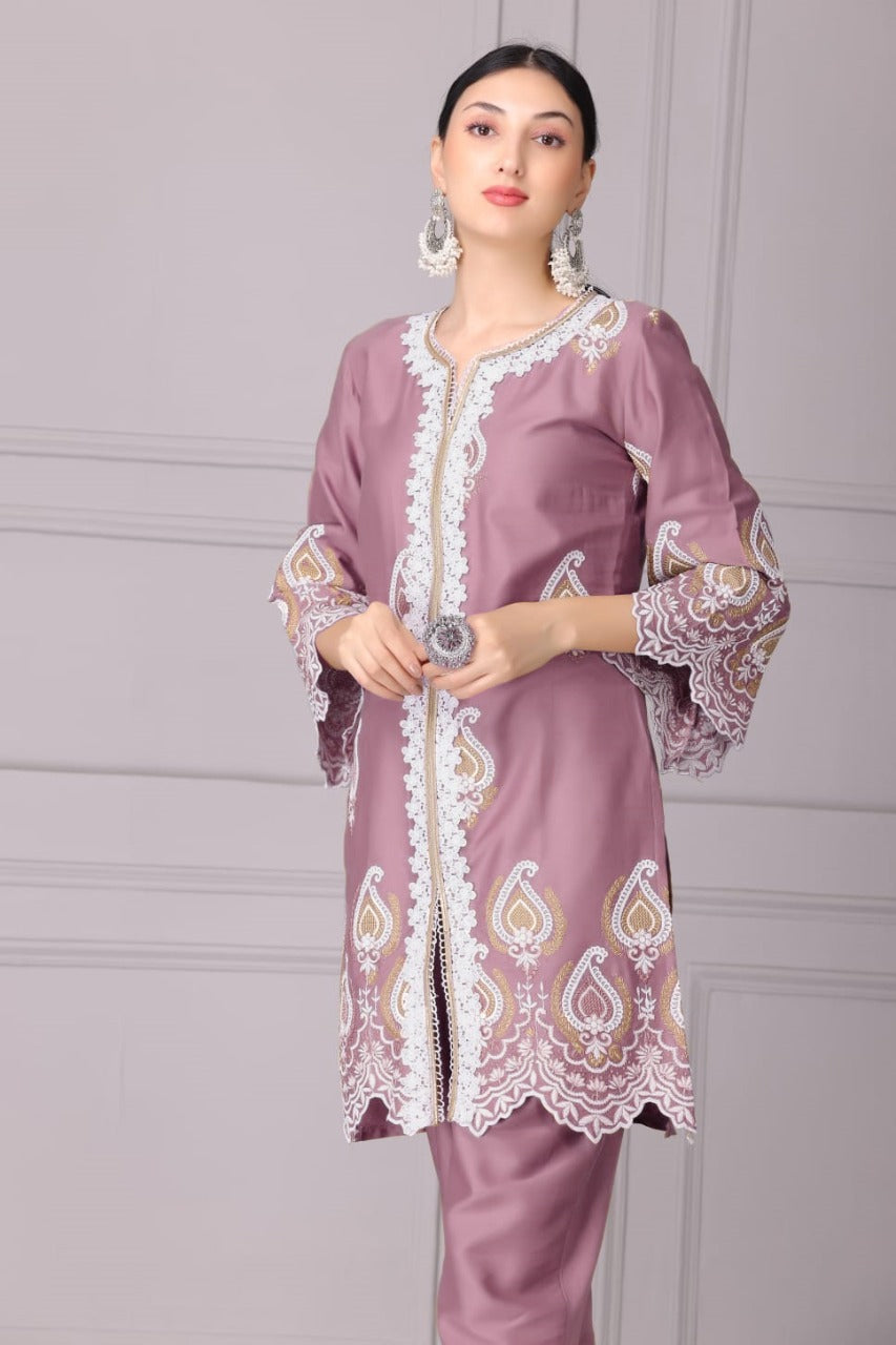 Raisin Pink and White Embroidered Kurta Set