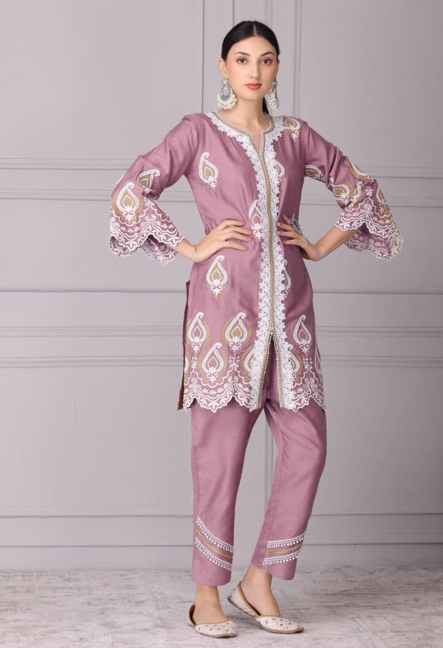 Raisin Pink and White Embroidered Kurta Set