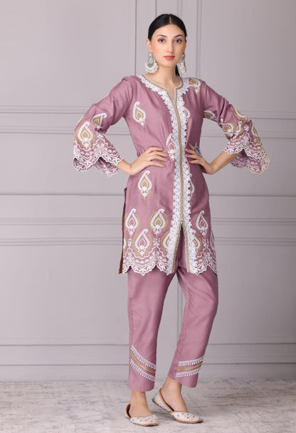 Raisin Pink and White Embroidered Kurta Set