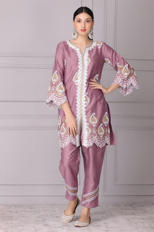 Raisin Pink and White Embroidered Kurta Set