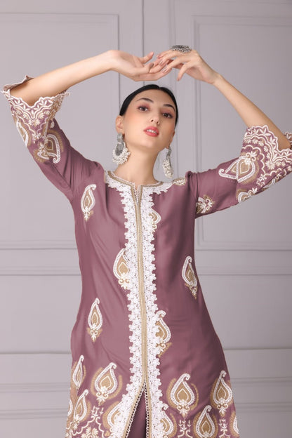 Raisin Pink and White Embroidered Kurta Set
